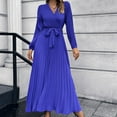 thumbnail image 2 of AKAFMK Dresses for Women 2024 Casual Slim Pleated Belted Long-Sleeve V-Neck A-Line Solid Color Dress Party Maxi Dresses Blue, 2 of 6