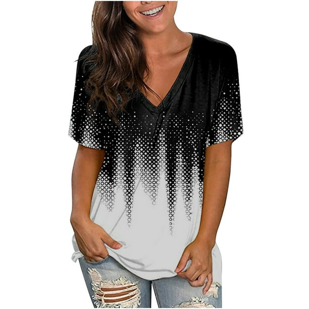 Camiseta de manga corta suelta con cuello en V y estampado informal a la moda para mujer Pompotops hkajfhjk463716