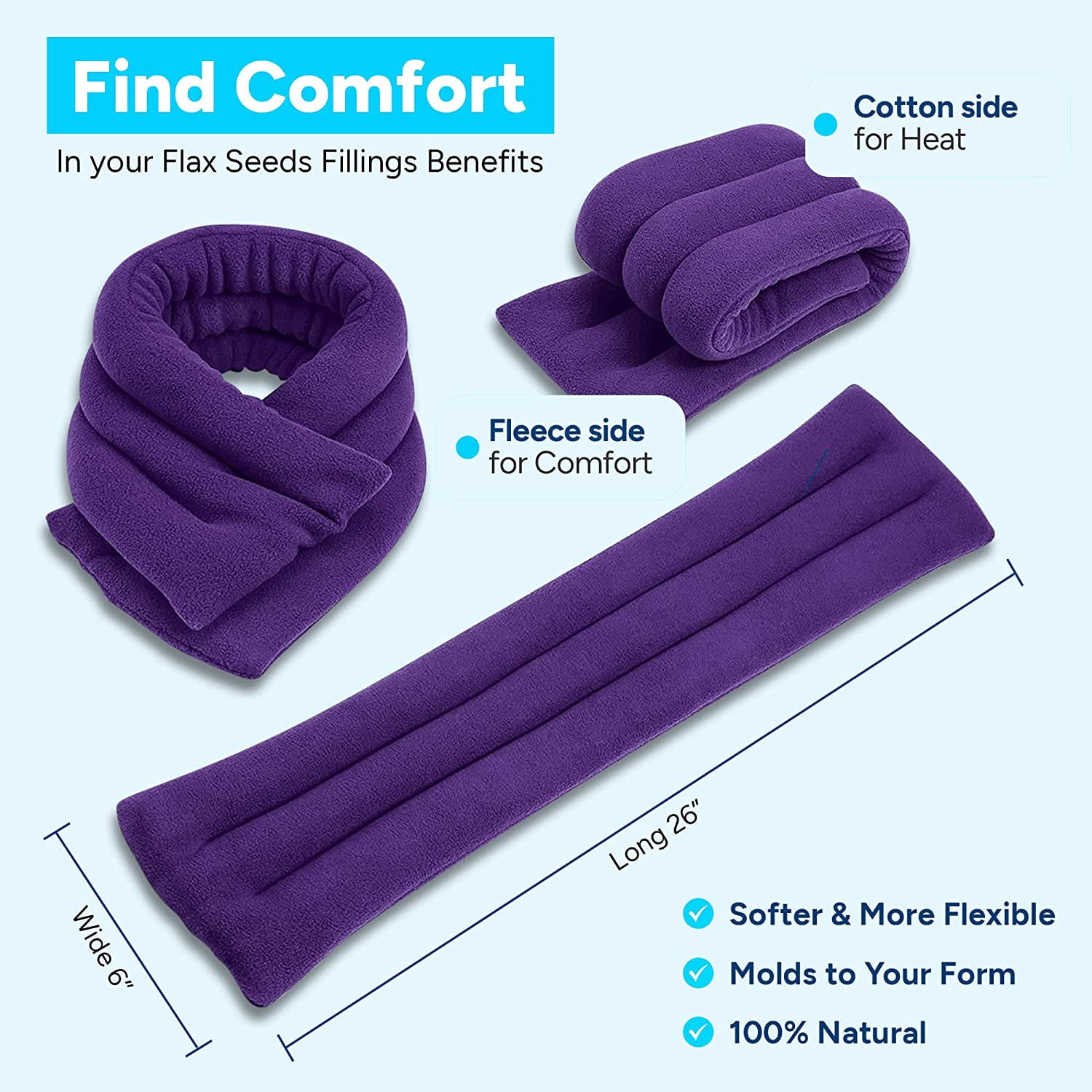 SunnyBay Microwave Heating Pad, Microwavable Heated Neck and Shoulder Wrap for Moist Hot or Cold Therapy, Lightly Weighted with Moldable Flaxseed, Cotton and Fleece Surface, 26x6 Inches, Purple