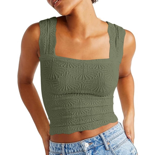 LSLJS Womens Summer Solid Tank Tops Neck Crop Tops Flower Spring Going Out Tops Slim Crop Cami Wide Straps Sleeveless Shirts Top, Womens Tank Tops