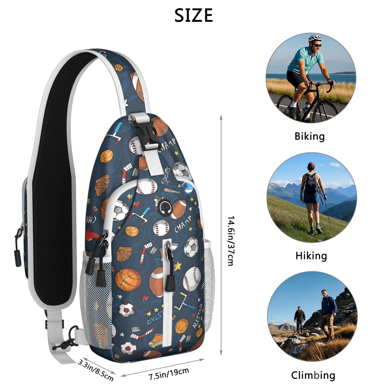 Baseball and Football Print Sling Bag for Boys – Lightweight Durable Polyester Crossbody Backpack with Secure Zippers, Large Compartments, Mesh Side Pockets for Training, Competition, and Outdoor Play