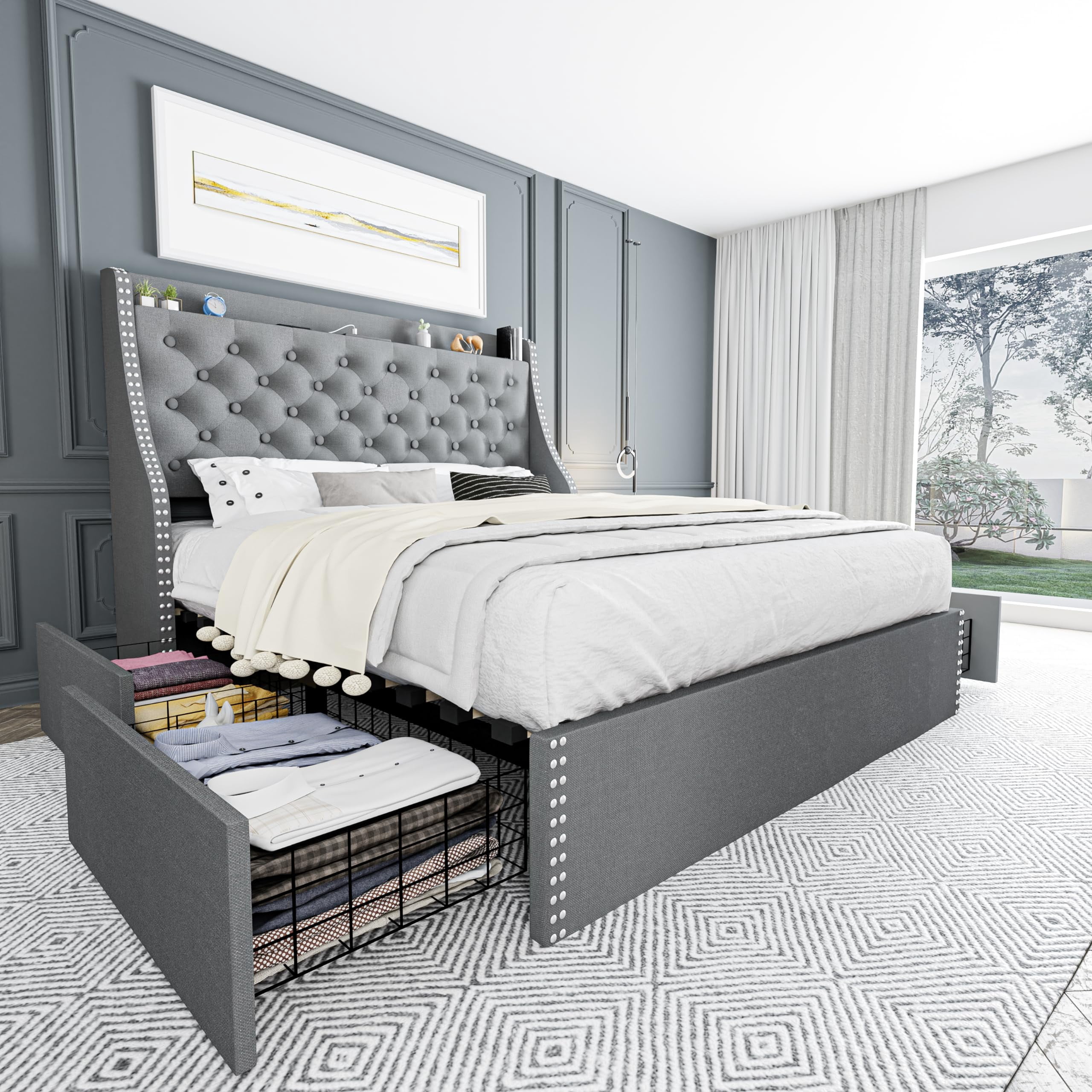 King Size Bed Frame with Adjustable Headboard, Upholstered Platform Bed Frame with Wooden Slats Support, No Box Spring Needed, Non-Slip, Noise-Free, Easy Assembly, Black