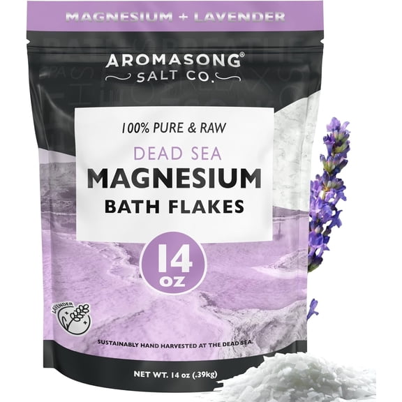 Aromasong RAW Magnesium Bath Flakes with 100% Natural Lavender, 14 oz. Muscle Relaxing Organic Salts Mg Chloride, Mineral Soak Salt.