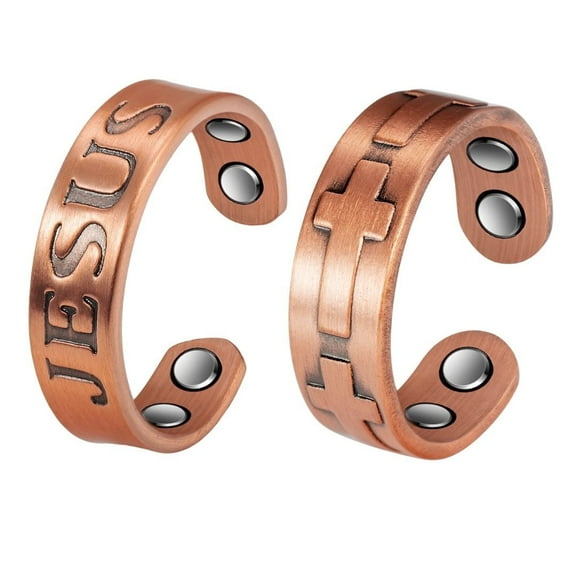 Wollet Magnetic Copper Cross Rings for Women, Set of 2 , Christian Christmas Gift