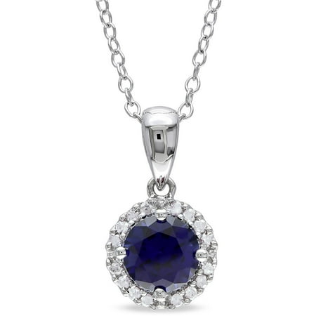 1 Carat T.G.W. Round-Cut Sapphire and Diamond Accent Sterling Silver Fashion Pendant, 18"