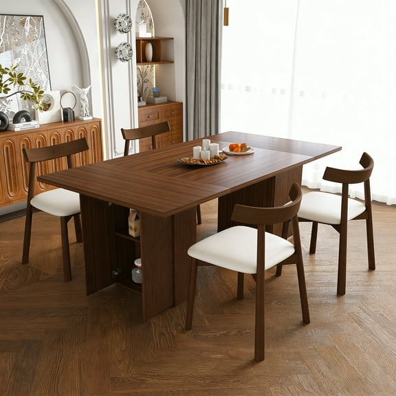 Montary 5-Piece Dining Table Set, 78 Inch Long Storage Table with 4 PU Chairs, Modern Rustic Natural Wood Veneer