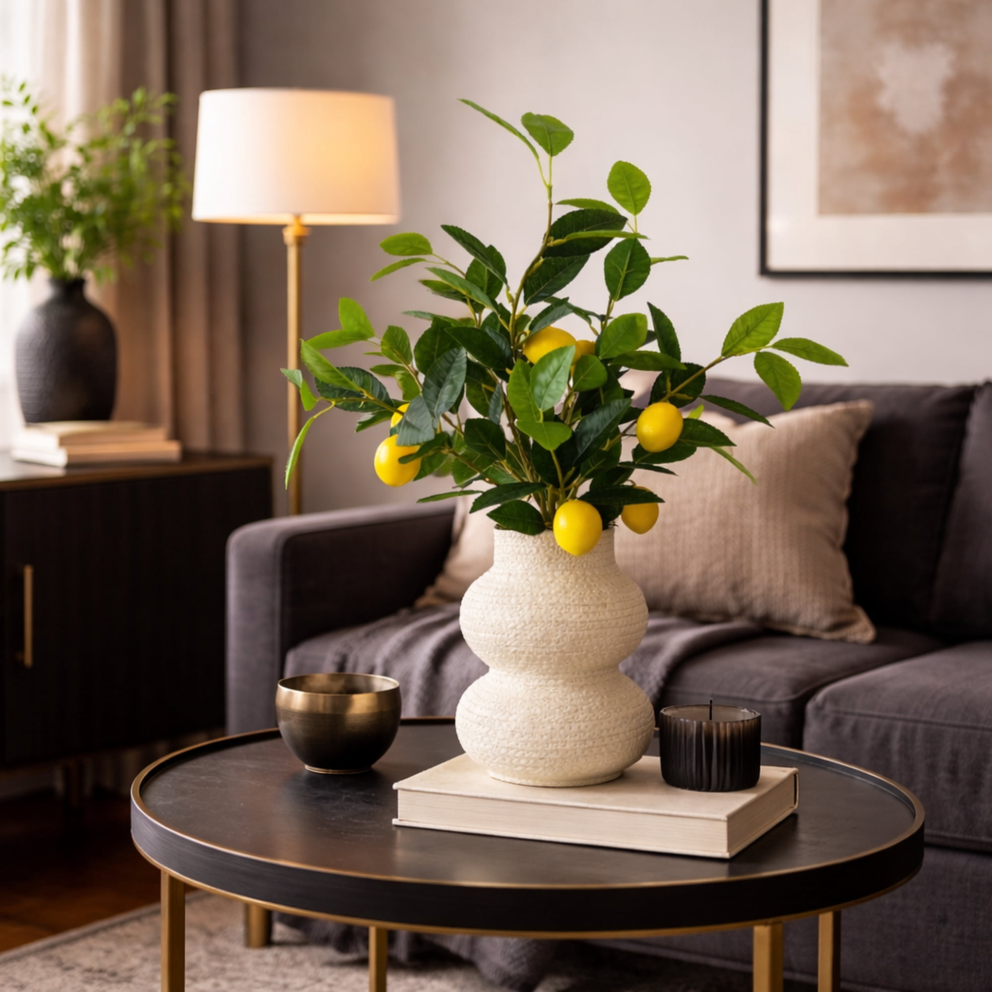 Artificial Plant, 24in Artificial Lemon Plant with Realistic Lemons in a Woven Tiered Basket by LCG Florals, Fake Indoor Faux Plant for Living Room, Kitchen, and Home Decor