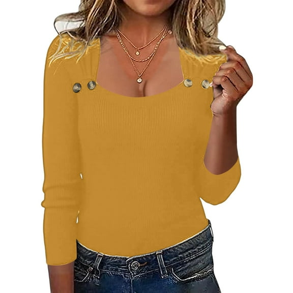 Fiaer Womens Sweaters Scoop Neck Buttons Slim Fit Long Sleeve Casual Trendy Solid Color Comfort Breathable Knitted Tops Yellow XL