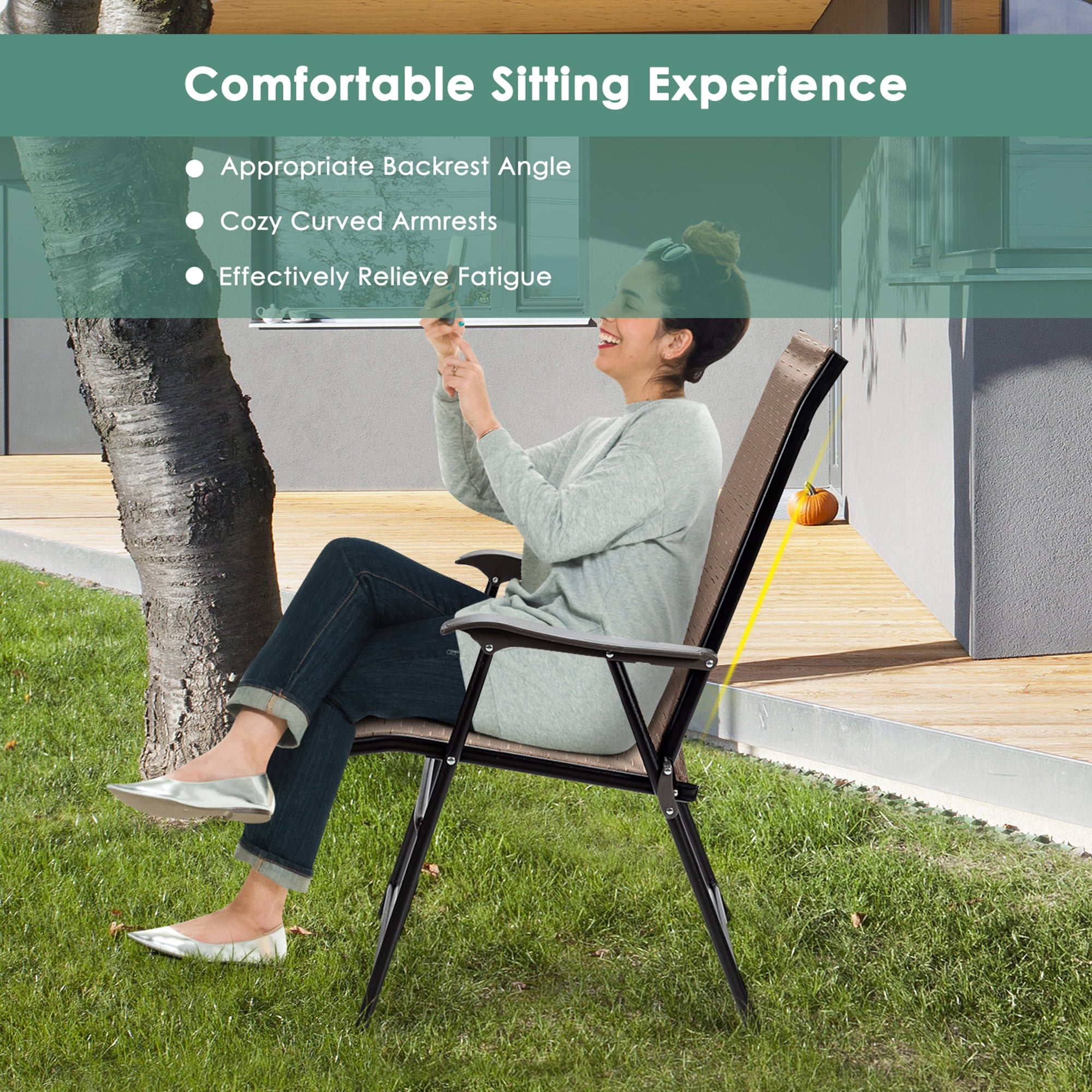 Gymax Set of 2 Folding Portable Patio Chairs Yard Outdoor w/ Armrests & Backrest