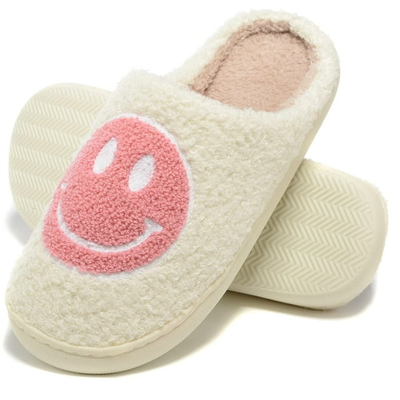 Pantoufles Rétro Visage Pelucheux pour Femmes Hommes, Rétro Doux Moelleux Chaud Maison Antidérapant Style couple Décontracté Smiley Face Pantoufles Intérieur Extérieur Antidérapant Chaud Confortable Mousse Pelucheux avec Mousse à Mémoire de Forme Douce