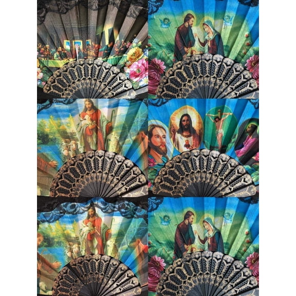 Set of 12 Religious Summer Black Hand Fan with Gift Bag /Folding Fan with Gift Bag for Church Gift/ Baptism Favor