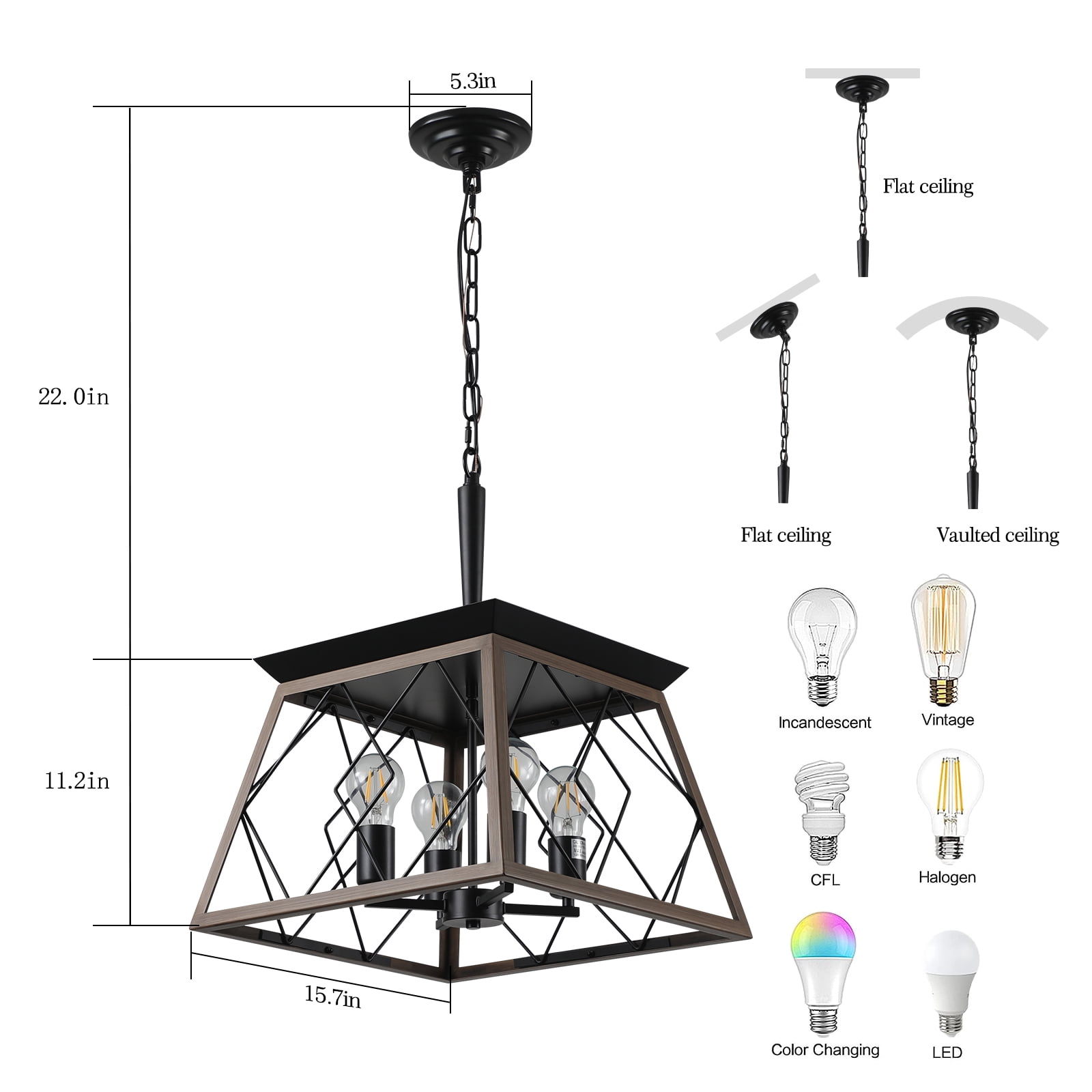 4-Light Farmhouse Vintage Chandelier, Rustic Pendant Light, with Faux Wood Finish, Adjustable Chain Industrial Fixture for Dining Room, Foyer, Kitchen Island, Walnut E26 Base