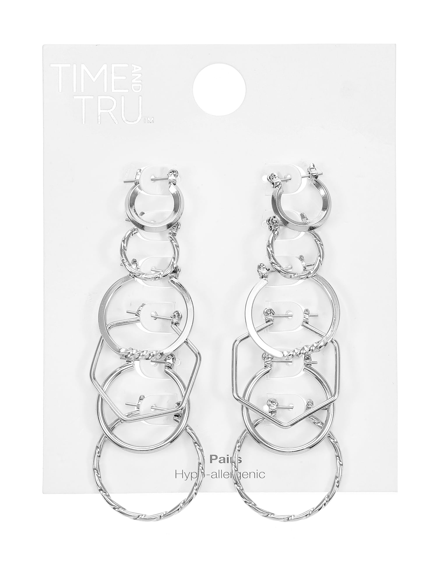 Time And Tru Essentials Multi Ear Silver Hoop Earrings, 6 Pack