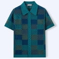 thumbnail image 5 of YueHuiYing Men's Striped Knit Short Sleeve Button-Down Shirt Crochet Hollow-Out Summer Beach Top Vintage Vacation Wear, 5 of 9
