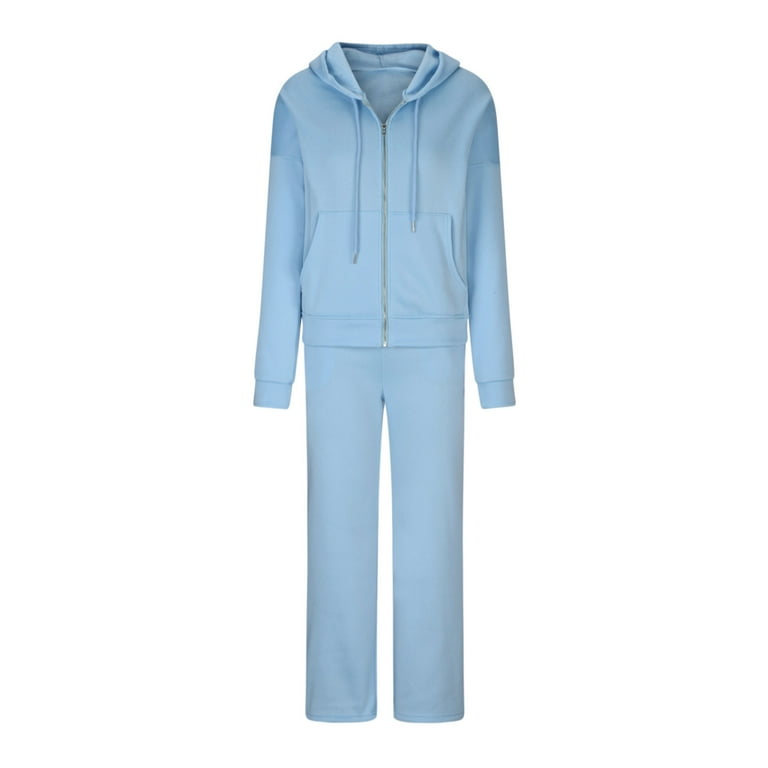 RQYYD Womens Drawstring Sweatsuits Set 2 Piece Outfits Hooded Sweatshirt &  Sweatpants Full Zip Hoodie Tracksuits Sportswear with Pockets Light Blue L  