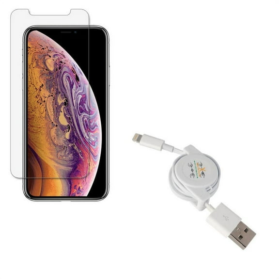 iPhone XS/X - Anti-Glare Screen Protector w Retractable USB Cable - Tempered Glass Matte 3D Curved Edge Anti-Fingerprint Case Friendly, Charger Power Cord Sync Wire Fast Charge