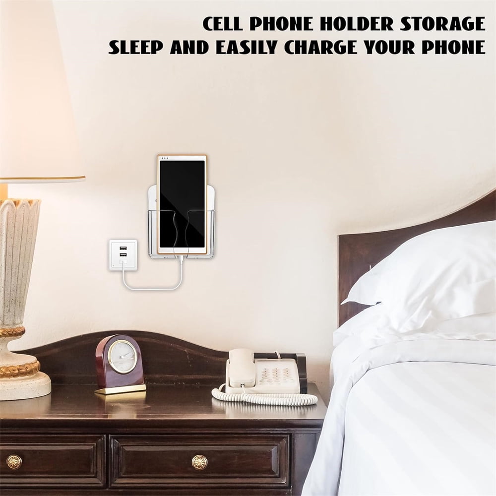 NOGIS 6 Pcs Wall Mount Cell Phone Charging Holder, Clear Acrylic Phone Stand Self Adhesive with Charging Hole, Compatible withSmartphone Remote Control Bedside Holders for Home Office