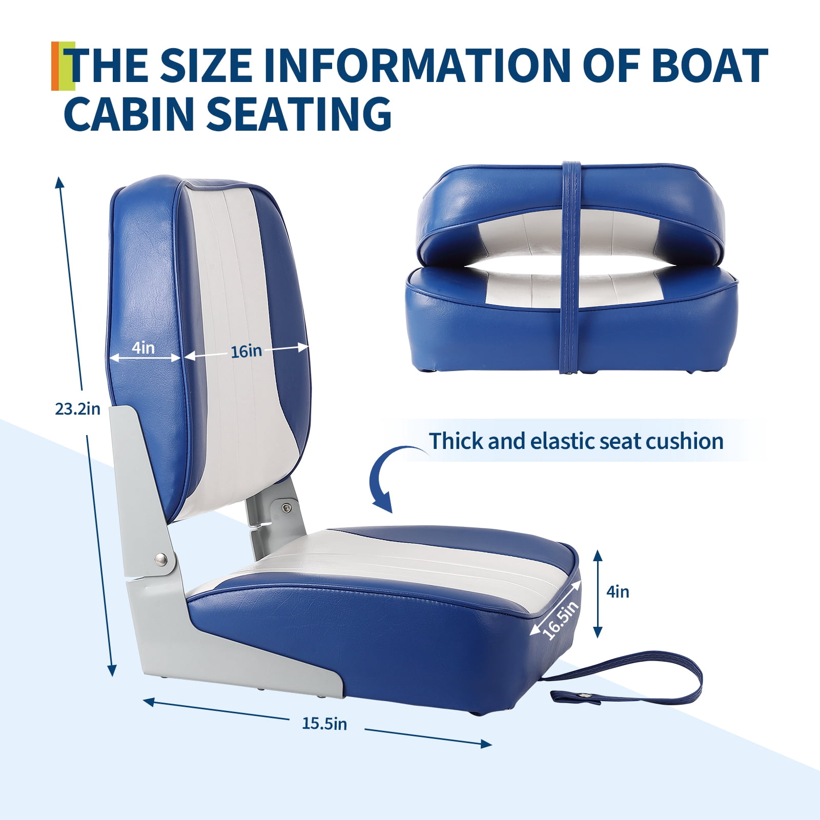 Kicctian 2 Pack High Back Folding Boat Seats with Thick Sponge Padding, Hinge & Fold-Down Design for Speedboat, Canoe or Sightseeing Boats,Blue+White