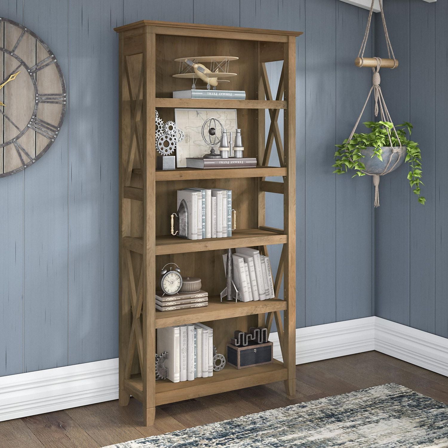 Bush Furniture Key West Tall 5 Shelf Bookcase in Reclaimed Pine