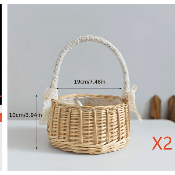 2 Pcs Flower Girl Basket Set, Elegant Lace & Pearl Wicker Basket, Rustic Wedding Flower Basket, Lightweight Girl Basket for Wedding Favors, Party Decorations