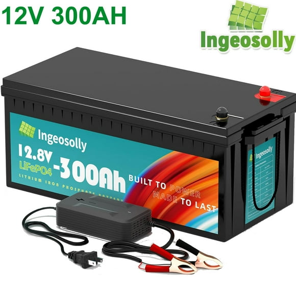 12V 300AH LiFePO4 Lithium Battery with Charger,Built-in 200A BMS,for Solar,RV,Camping,Golf Carts,Trolling Motor,Marine,off-Grid,Backup Power,Motorhome,15000+Deep Cycles Battery