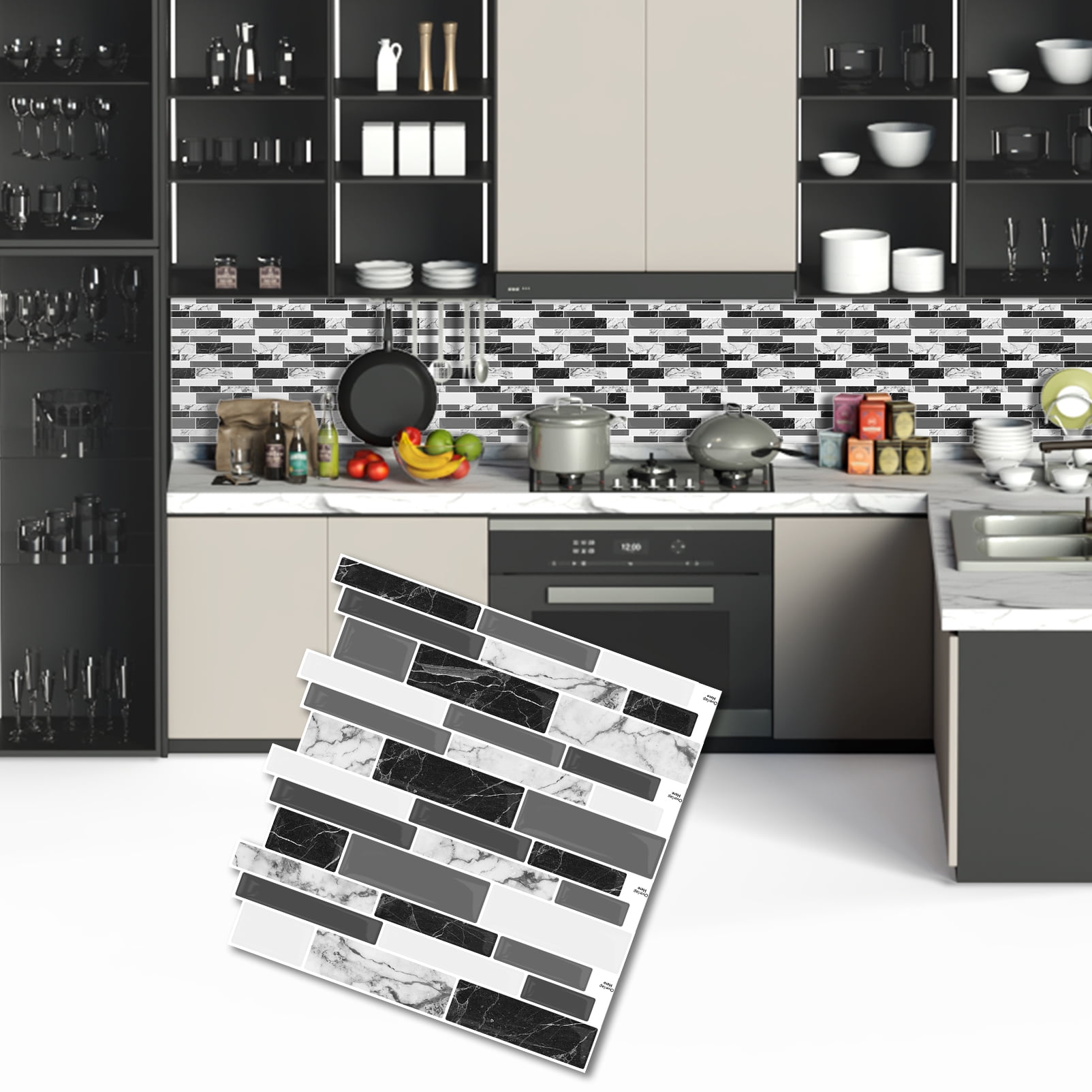 DEWOO 10 Sheets Peel and Stick Tile Backsplash, Stick on Wall Tiles, Self Adhesive Tile Sticker for Kitchen Backsplash and Bathroom(12"x12",Black Marble)