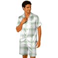 thumbnail image 3 of SONXAHE Couples 2‑Piece Satin Plaid Pajama Set Short Sleeve Button Top Elastic Shorts Sleepwear, 3 of 9