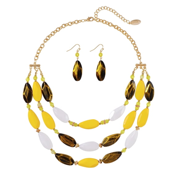 Bocar Bohemian Triple Strand Layered Beaded Statement Necklace and Earring Set for Women, Fashion Jewelry with Acrylic and Glass Beads(NK-10077-yellow)