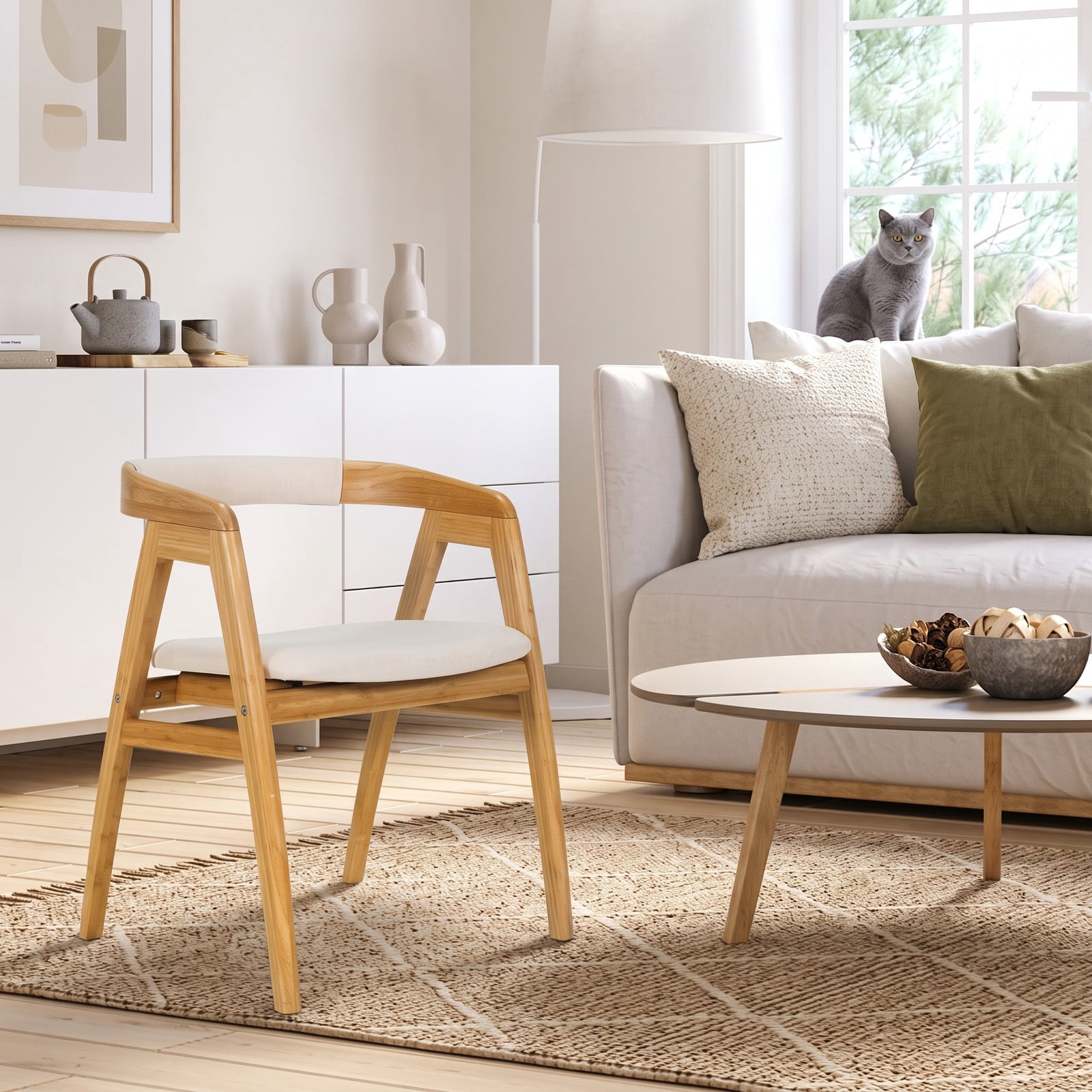 Furnibear Leisure Bamboo Dining Chair with Curved Back, Armrests and Anti-Slip Foot Pads, Cushioned Accent Side Chair for Kitchen Dining Room Living Room, Natural