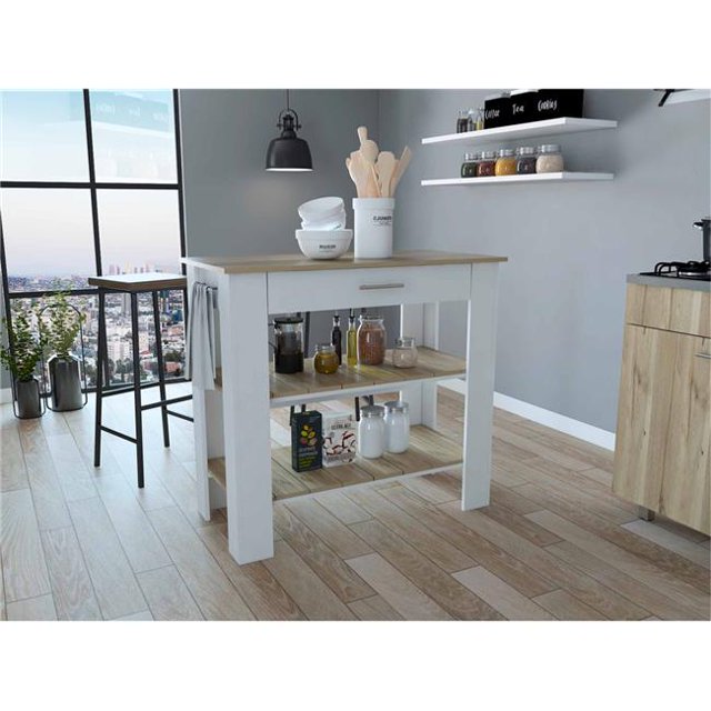 HomeRoots 474095 Light Oak & White Kitchen Island with Drawer & Two Open Shelves