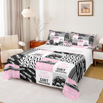 Homewish Speed Race Car Twin Sheet Sets,Extreme Sport Twin Fitted Sheet,Pink Gray Patchwork Checkered Flat Sheet For Girls Kids,Ultra Soft Home Decor,3-Piece