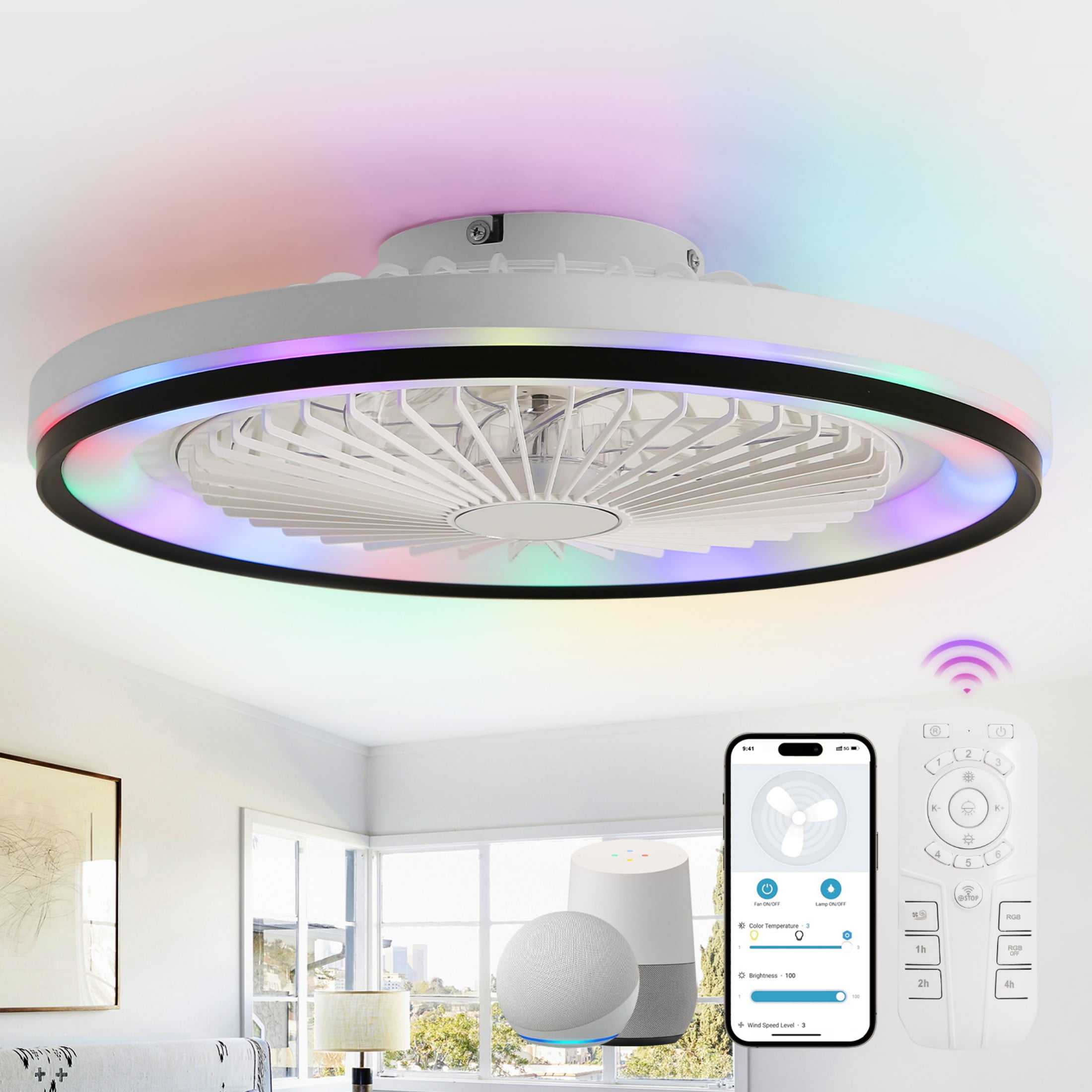 Sofucor 19-Inch Flush Mount Contemporary Ceiling Fan with LED Lights, Remote and App Control