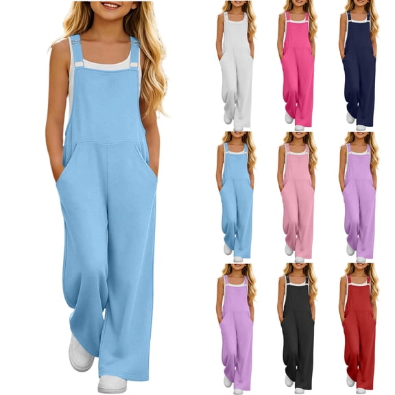 Girls Overalls Adjustable Straps Wide Leg Jumpsuit Casual Trendy Sleeveless Rompers with Pockets for Teen Girls for Casual Activities
