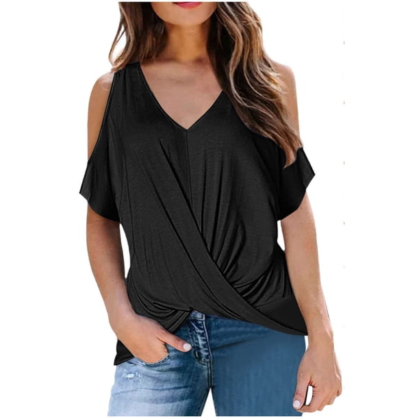 Blusa informal de manga corta con cuello en V y hombros descubiertos para mujer Pompotops hkajfhjk468387
