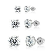 Art and Molly 14k White Gold Solitaire Round Cubic Zirconia Stud 3 Pair Earring Set (3mm, 4mm, 5mm)