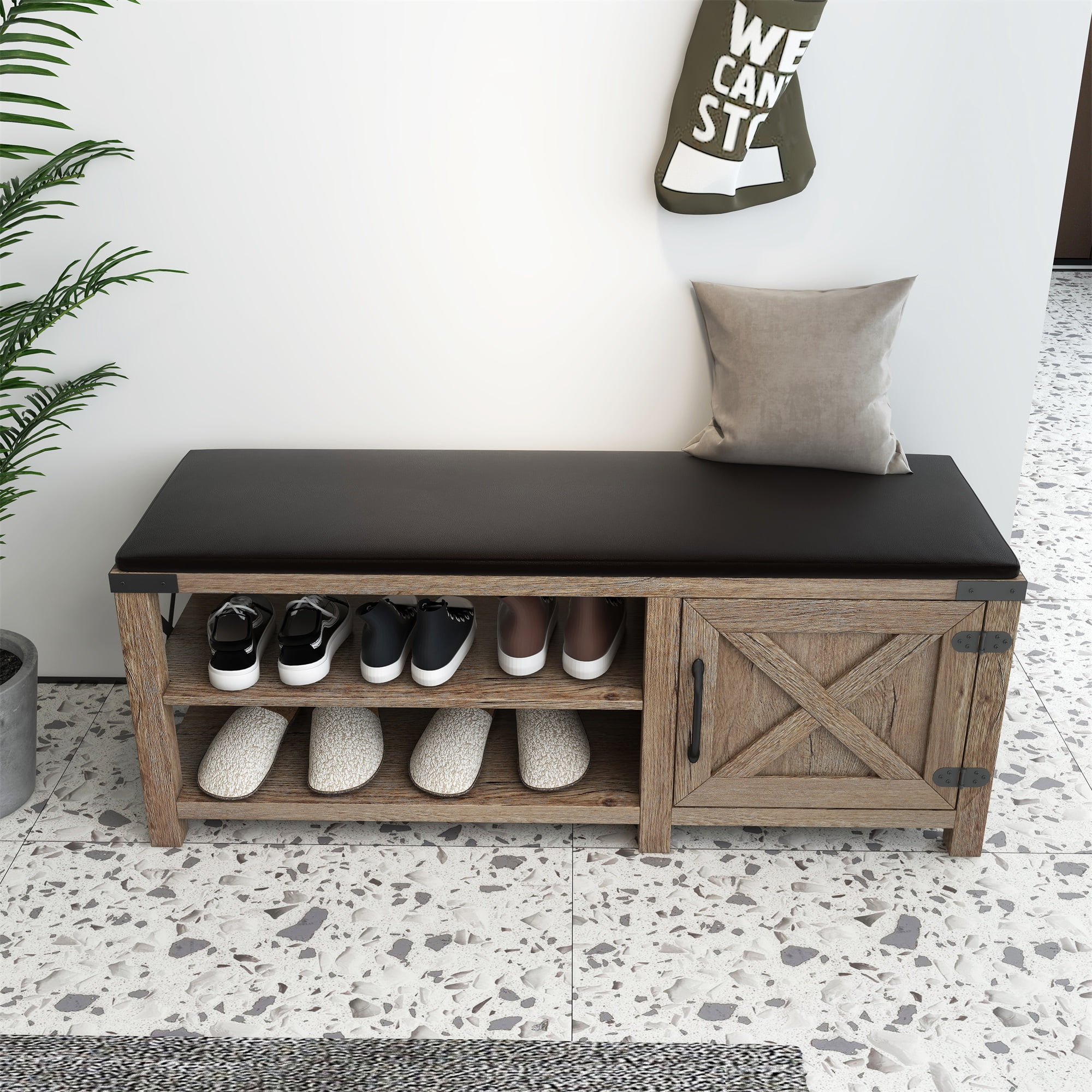 Kadyn 47.24" Modern Farmhouse Shoes Bench With Seat Cushion, Light Brown Kadyn 47.24" Modern Farmhouse Shoes Bench With Seat Cushion, Light Brown