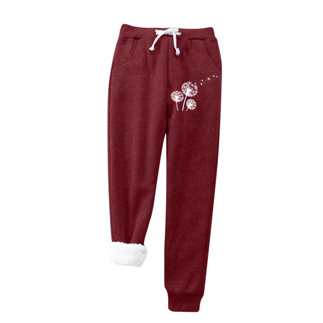 Gibobby pantalones mujer Pantalones casuales de invierno con estampado de flores de diente de león, cálidos y polares, con bolsillo y cintura larga (Rojo, L)