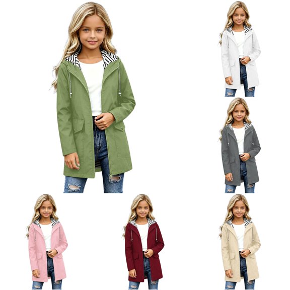 Rggeeun Toddler Girl Blouse Solid Color Hooded Long Sleeve with Adjustable Drawstring Zip-Up Cardigan Striped Lining Jacket for Fall Travel Party Classic Tops,Green,9-10 Years