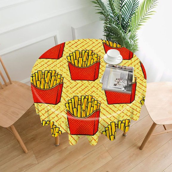 RKSupls 60 Inch Round Tablecloth, Retro Fries Pattern Premium Polyester Straight Edge Wrinkle Resistant Washable Table Cover for Party Home Dining Decor