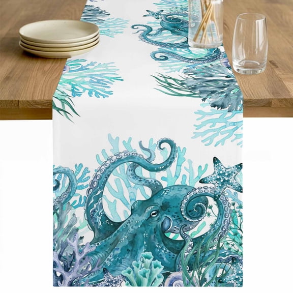 Ocean Green Octopus Table Runner - 90 Inch Long Coastal Coral Beach Nautical Starfish Cotton and Linen Blended Dress Scarves Farmhouse Table Runner for Kitchen Dining, Coffee Table, 13" x 90"