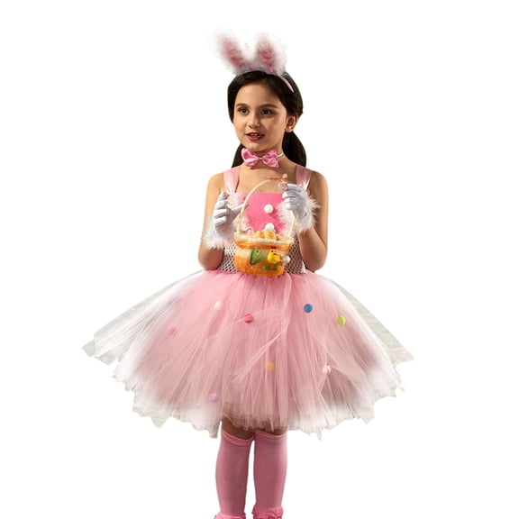 MIXUE Kids Toddler Girls Outfit Sets Easter Cartoon Bunny Easter Egg Headband Dress Sweet St Performance Role Playing Five Piece Party Daily-Wear,Pink,6-7 Years