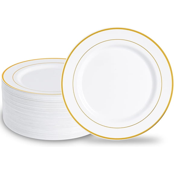 100PCS Gold Plastic Plates, 10.25 inch White Disposable Dinner Plate with Gold Rim, Heavy Duty Plates for Party Wedding and Birthday
