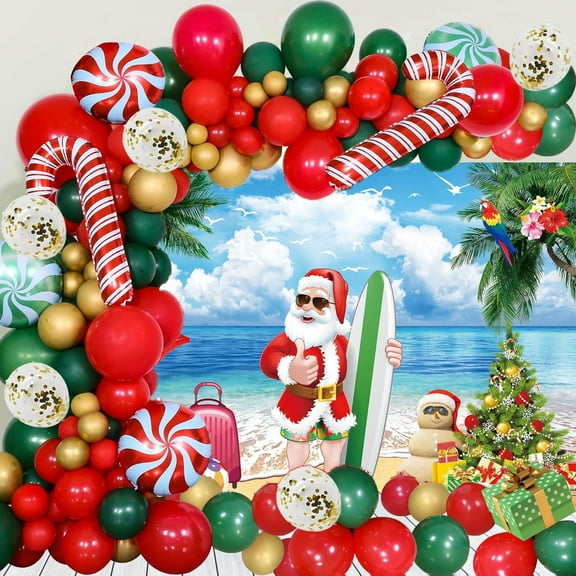 July Christmas Party Decorations Kit, Christmas Balloon Arch Garland Kit with Red Green Golden Candy Balloons, Summer Hawaiian Xmas Backdrop Banner,Tropical Beach Xmas Party Decors Supplies
