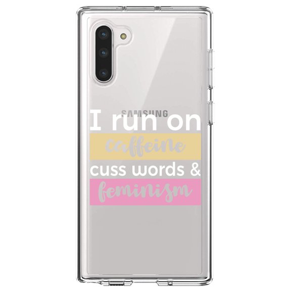 DistinctInk Clear Shockproof Hybrid Case for Samsung Galaxy Note 10 (6.3" Screen) - TPU Bumper Acrylic Back Tempered Glass Screen Protector - I Run On Caffeine Cuss Words & Feminism