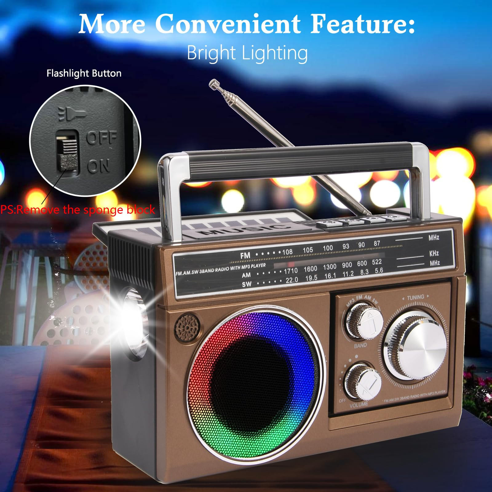 AM FM SW Radio Portable with Bluetooth Speaker, Illumination, USB TF Card Playing, Solar/USB-C Rechargeable Radios, Colorful Light, Transistor Radios Portable Emergency, Bluetooth Radio