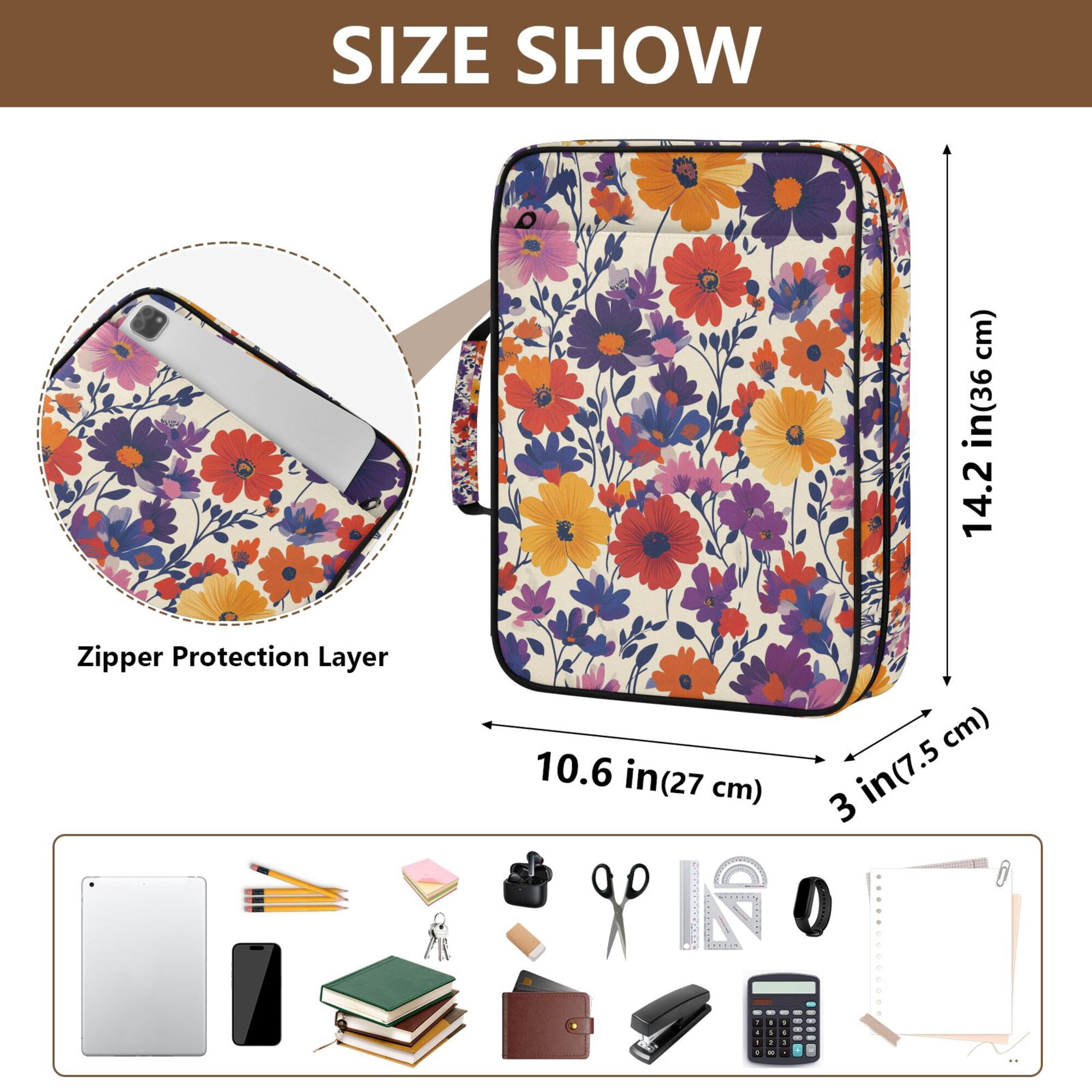 FORMRS Accordion File Folder A4 Size 7-Pocket Expanding Document Organizer Bag with 3 Ring Binder, Colorful Flowers Pattern