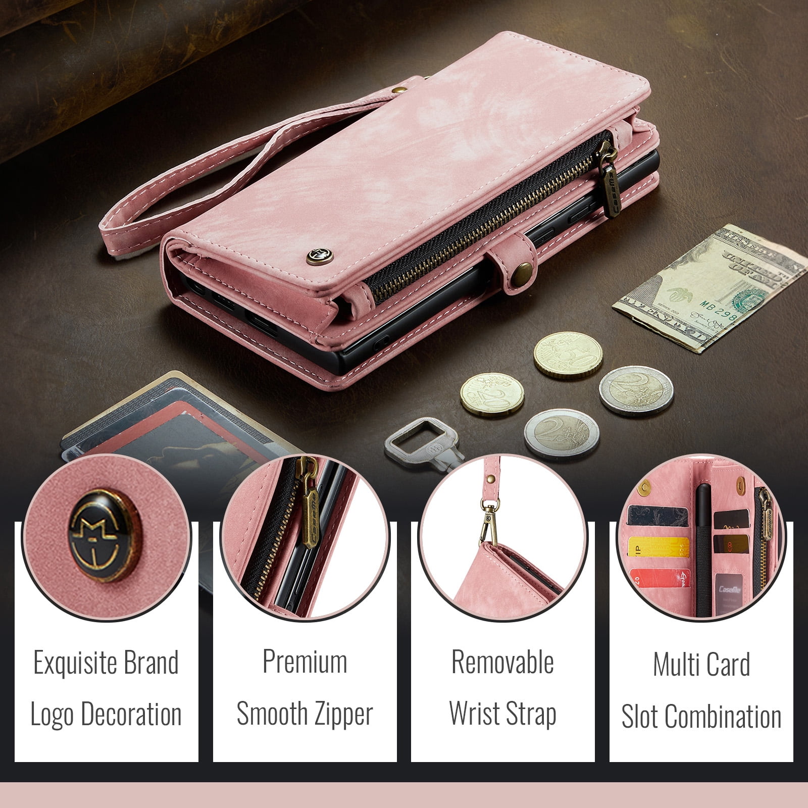 Feishell Durable 2- In-1 Magnetic Detachable Wallet Case for Samsung Galaxy Z Fold 7,for Women Men,Premium PU Leather Zipper Pocket Flip Multi Card Slots Purse Phone Case with Wrist Strap,Pink