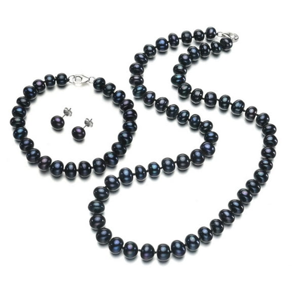 Black Freshwater Pearl Stud, Bracelet Necklace Set