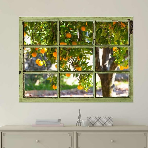 Window View Wall Mural - Orange Trees in The Yard - Vintage Style Wall Decor - Peel and Stick Adhesive Vinyl Material - 36x48 inches