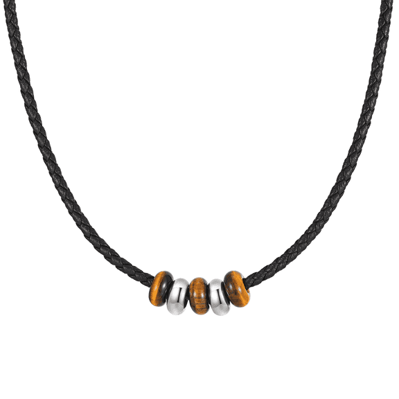 New 2026 Natural Stone Leather Necklace Choker for Men Single Bead Lava Tiger Eye Adjustable Jewelry Braided Necklace Retro Fashion Adjustable Hemp Cords Wood Beads Beaded Choker Necklace